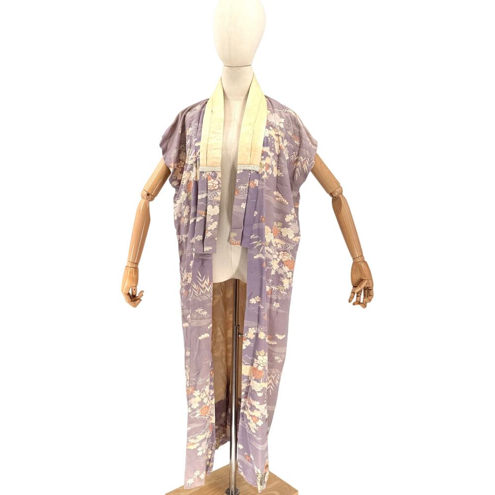 Vintage 50s Showa Era Purple 100% Silk Floral Nagajuban Loungewear Kimono Robe